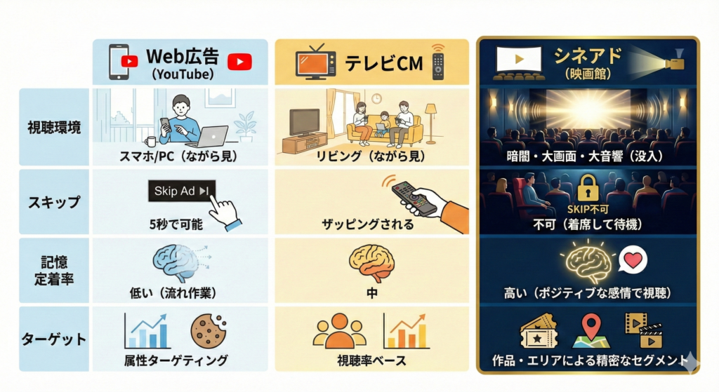シネアド（映画館広告）とWeb広告・テレビCMの媒体別比較図解。視聴環境、スキップ可否、記憶定着率の違い