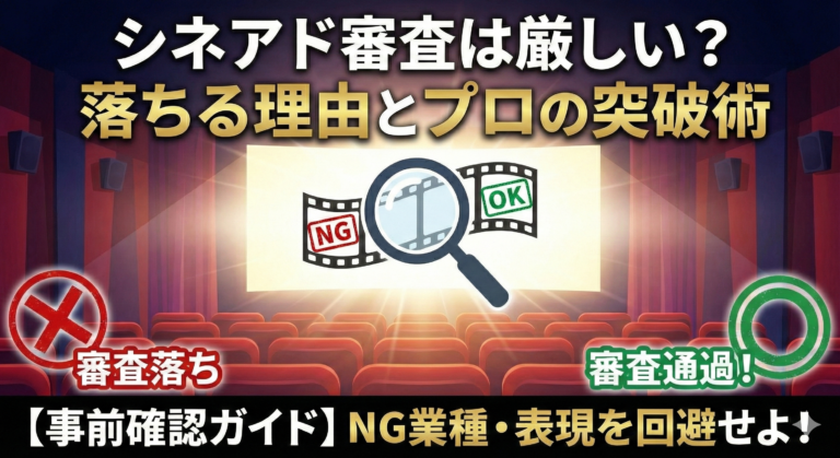 シネアド（映画館広告）の審査が厳しい理由と、NG業種・表現を回避して通過するためのプロの突破術を解説する記事のアイキャッチ画像。映画館のスクリーン上で、虫眼鏡を使って審査基準（NGとOK）をチェックしているイラスト。