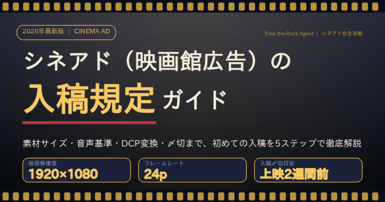 シネアド（映画館広告）の入稿規定ガイドのアイキャッチ画像。素材サイズ・DCP変換・〆切までを解説