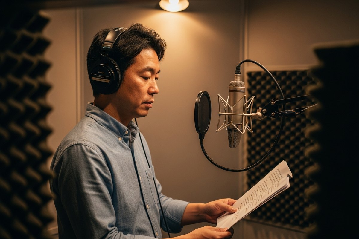 録音ブースでナレーターがヘッドホンを着けて原稿を読んでいる様子