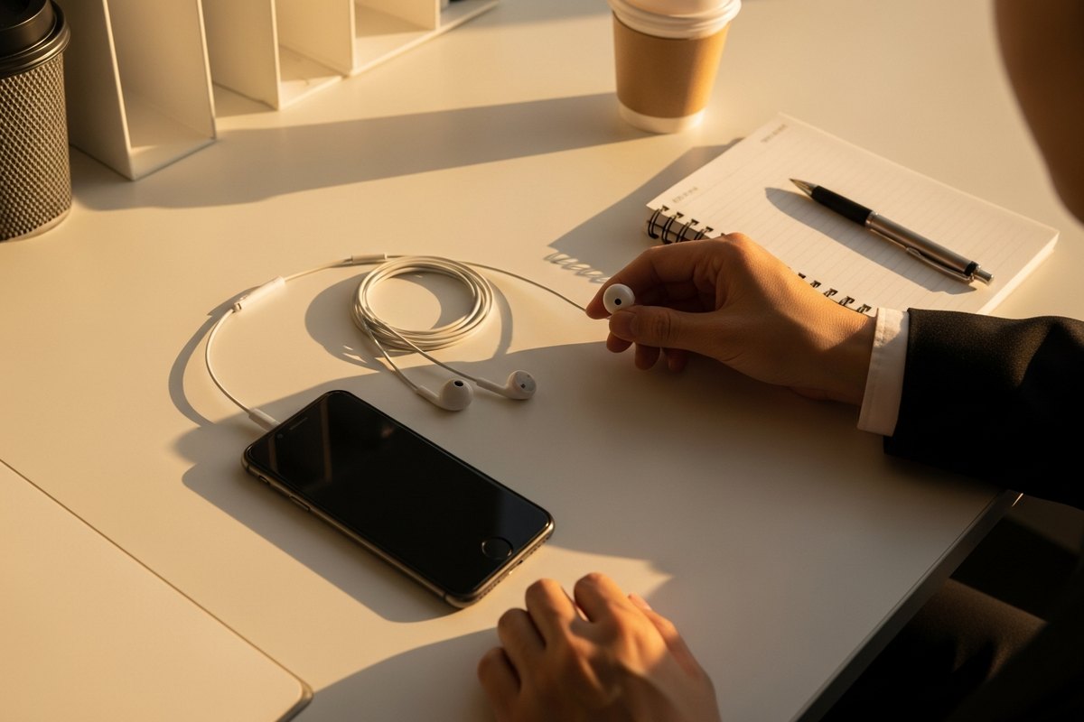 デスクの上のスマートフォンとイヤホン。radikoやSpotifyで音声広告に接触するシーン