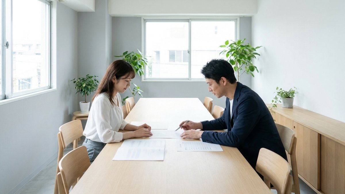 明るい打ち合わせスペースで、担当者と依頼する会社の人が資料を見ながら話し合っている様子