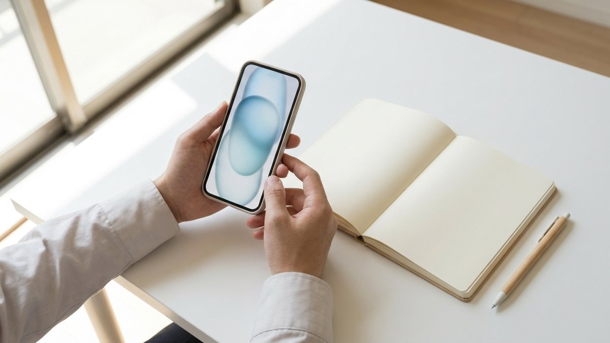 明るいオフィスで、スマートフォンを手にAIに質問している手元の様子
