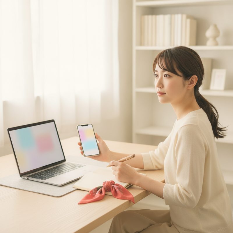 パソコンとスマートフォンで情報を比べる女性