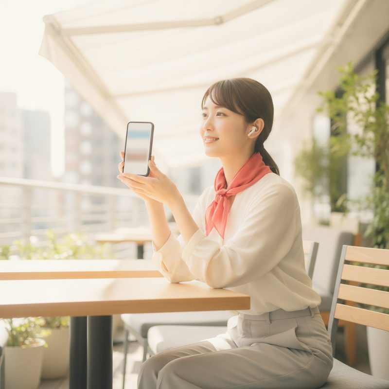 スマートフォンに話しかけて調べる女性