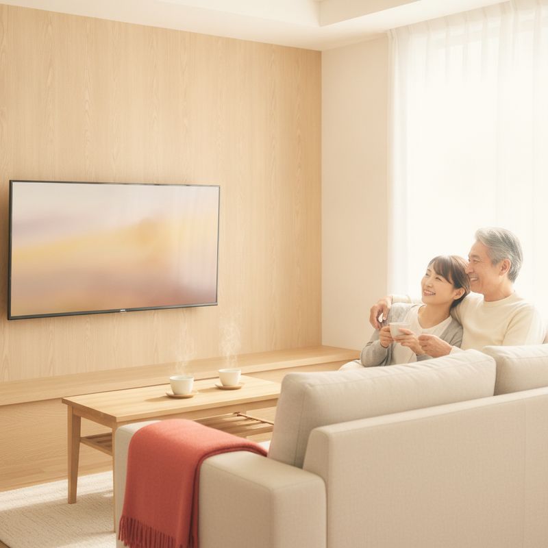 リビングで夫婦がBSの旅番組を見ている様子