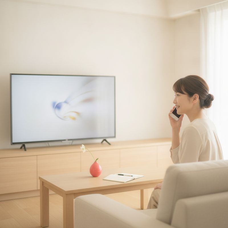 テレビを見ながら電話で注文している様子
