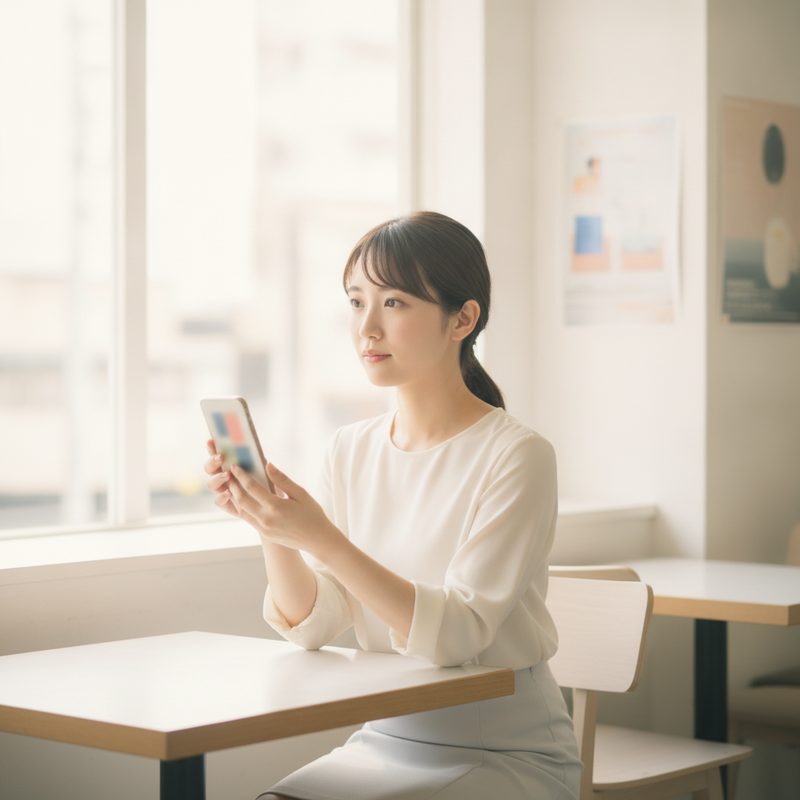 スマートフォンでAIに相談する女性