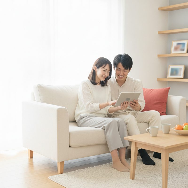 タブレットで商品を比べる二人