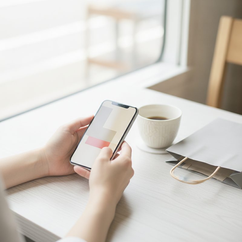スマートフォンで買い物を調べる手元