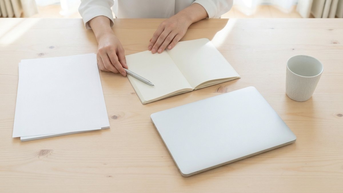明るいデスクの上で、ノートとノートパソコンを使って広告の相談前の準備をしている手元