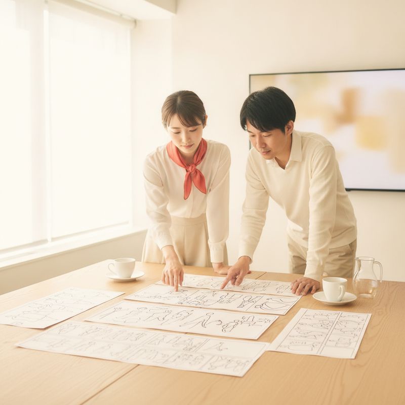 絵コンテを見ながら企画を打ち合わせる様子