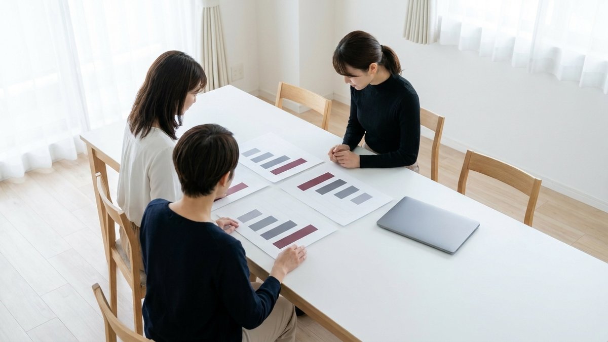 明るいオフィスで、担当者がグラフの資料を囲んで広告の結果を確認している様子