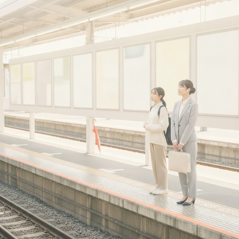 駅のホームで電車を待つ人と駅の広告枠