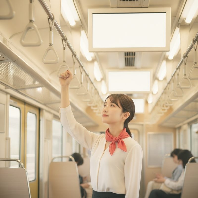通勤電車の車内で中づり広告の枠を見上げる女性