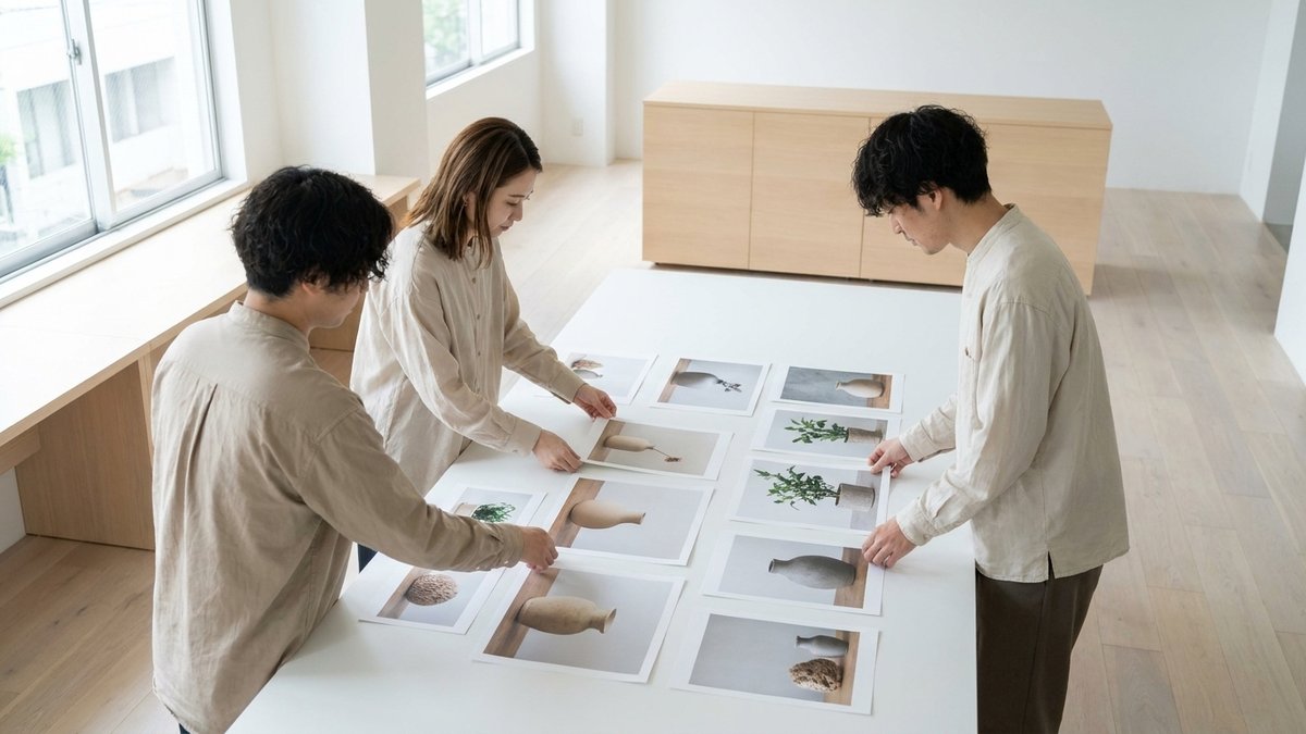 明るいオフィスで、担当者たちが大きなテーブルに商品写真を並べて広告の案を考えている様子