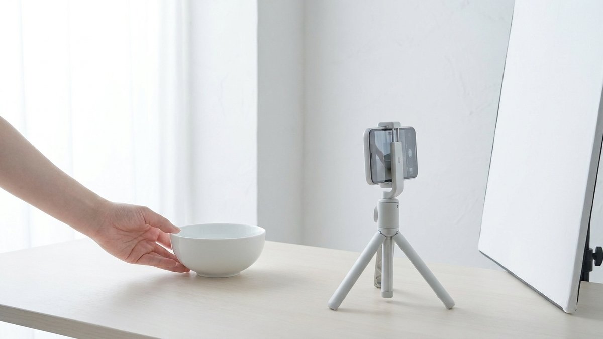 明るいスタジオで、縦向きにしたスマートフォンを三脚に付けて白い器を撮影している様子