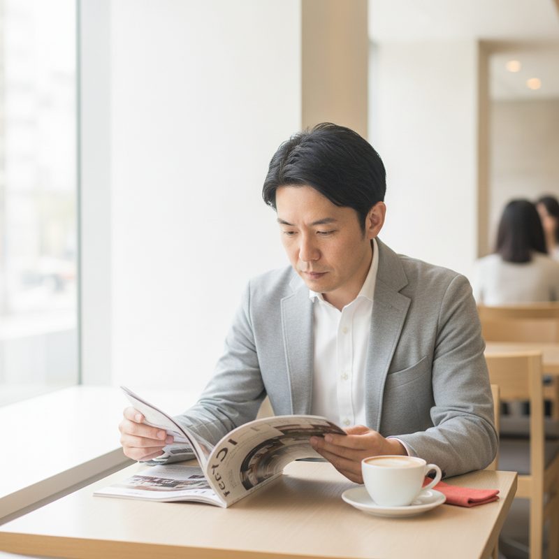 カフェでビジネス誌を読む男性