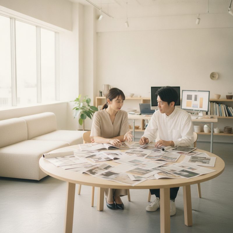 誌面のレイアウトを確認する二人