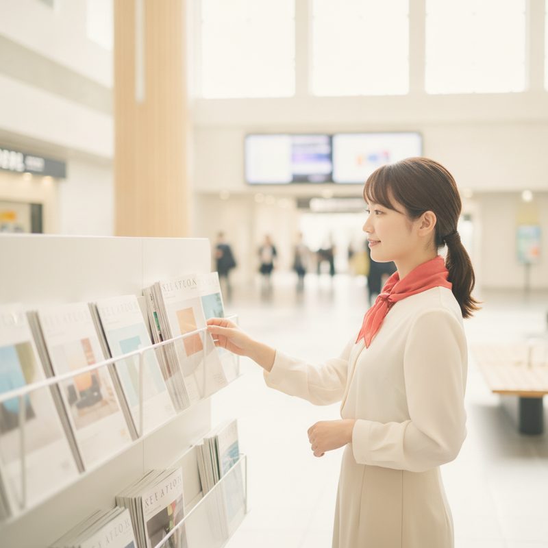 駅でフリーマガジンを手に取る女性