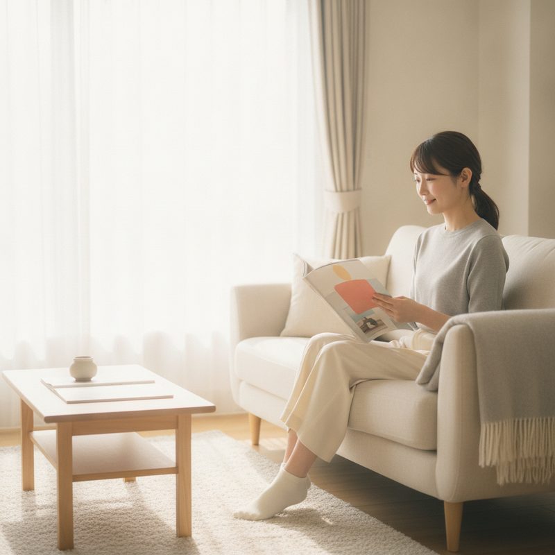 ソファで雑誌を読む女性