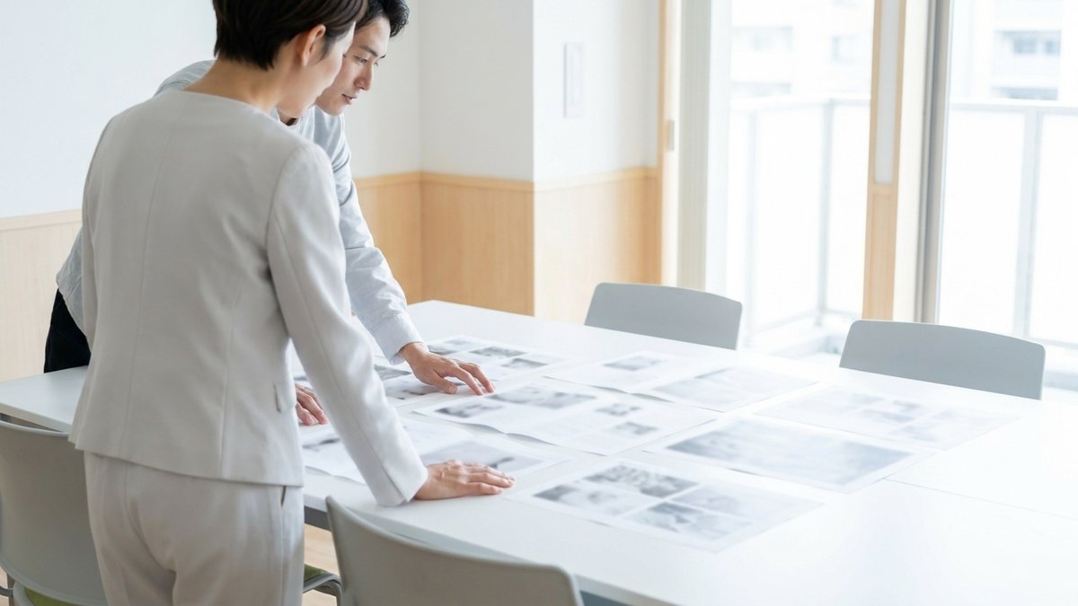 明るい会議室で、2人の担当者が大きなテーブルに並べた紙面のレイアウト案を確認している様子