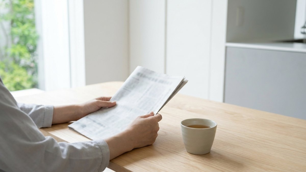 明るいダイニングで、朝に新聞を広げて読んでいる人の手元