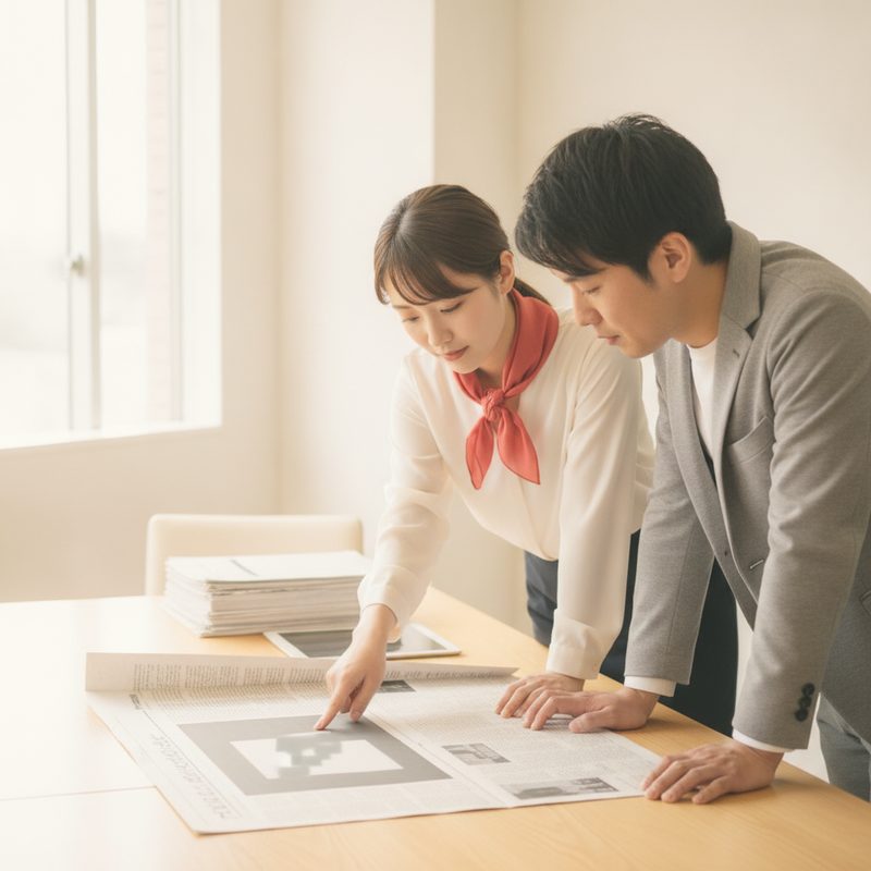 新聞広告の校正紙を確認する二人