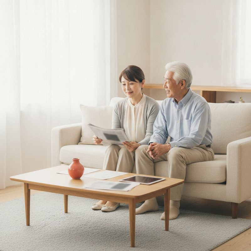 リビングで新聞を読むシニアの夫婦