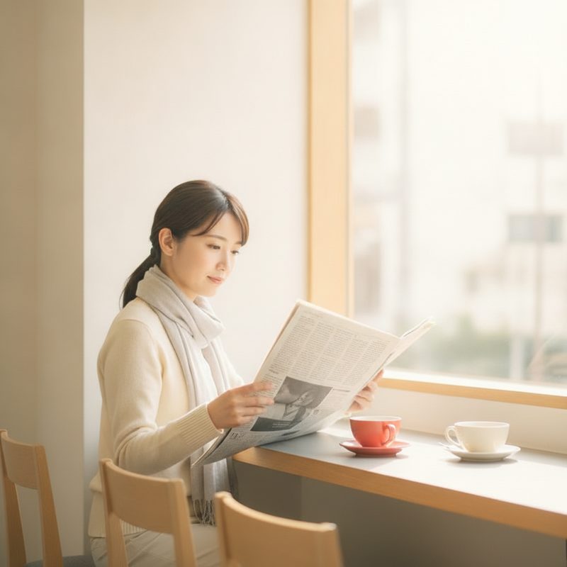 カフェで新聞を読む女性