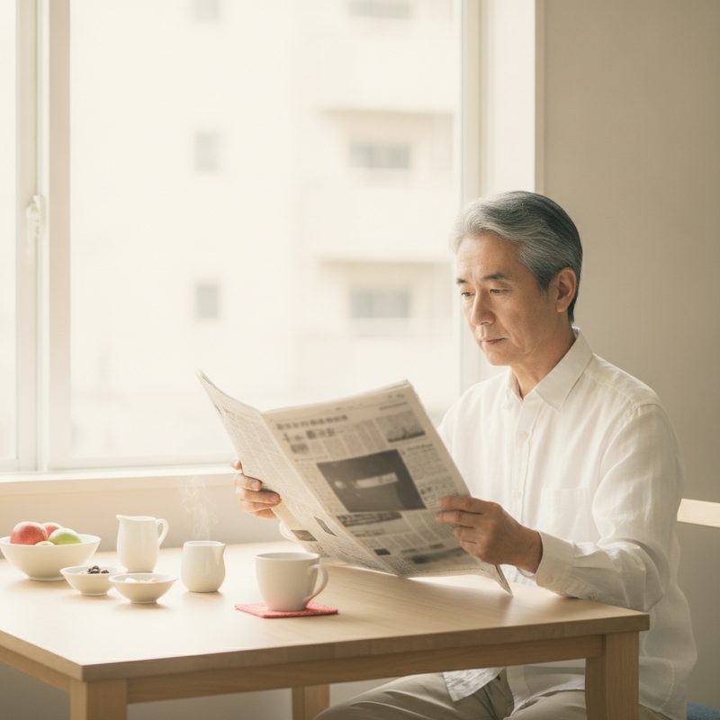 朝食のテーブルで新聞を読む男性