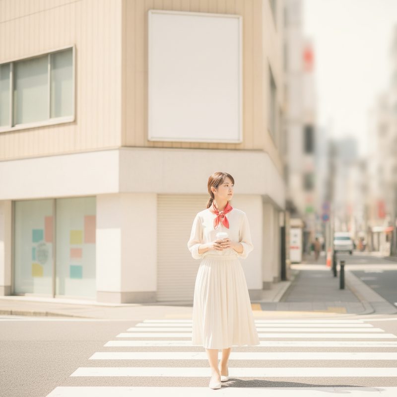 ビルの壁面の看板の前を歩く女性