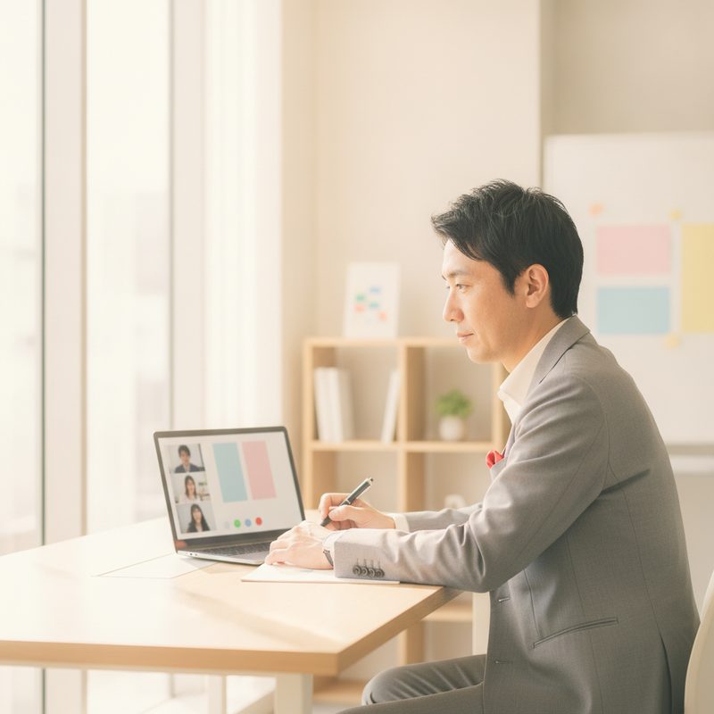 オンラインで関係会社と打ち合わせる男性