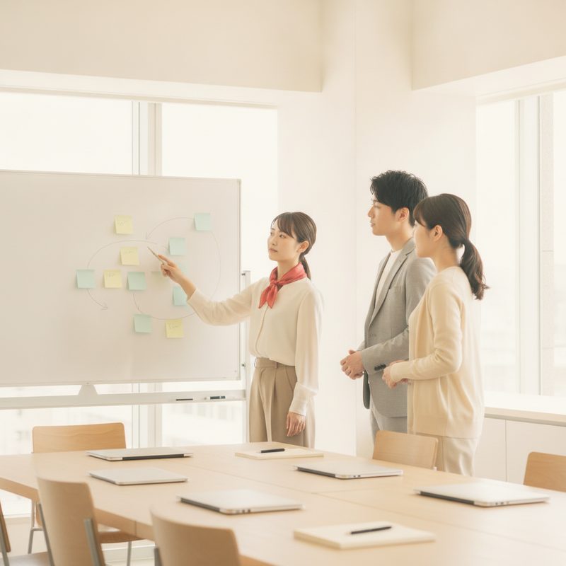 ホワイトボードの前で計画を立てるチーム