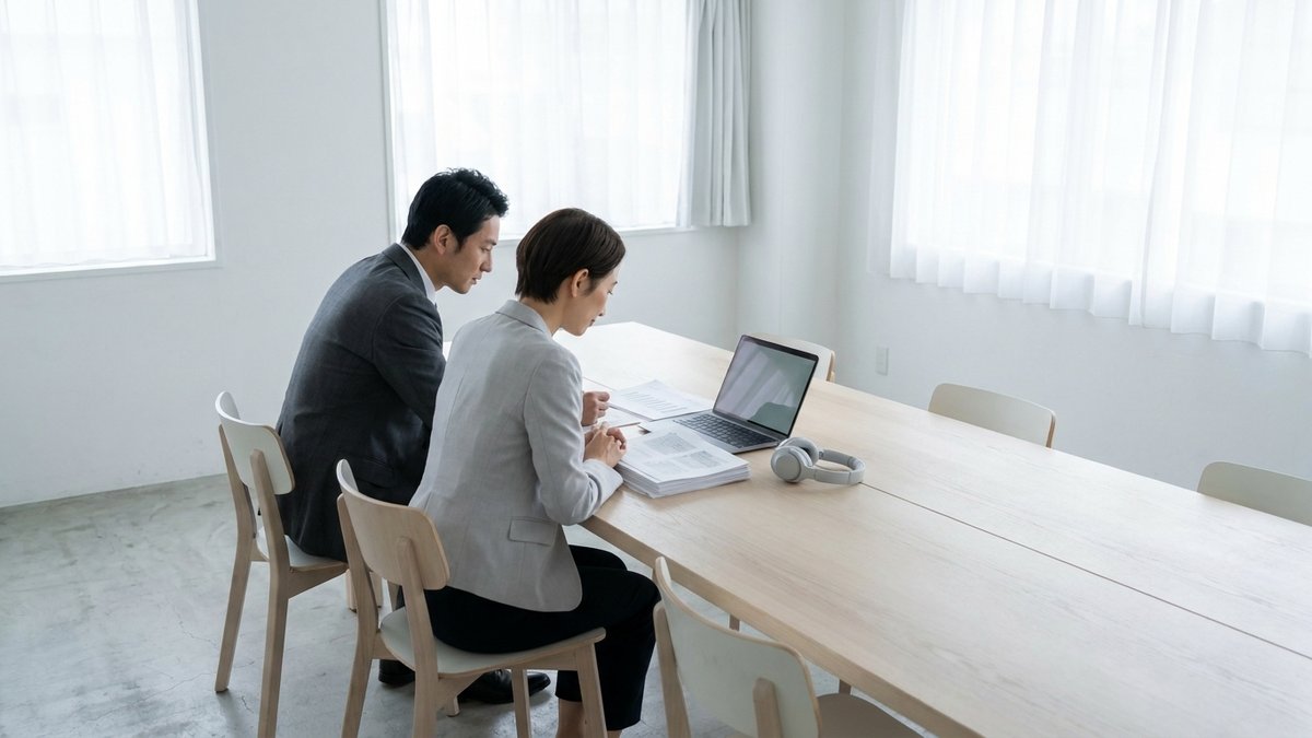 明るいオフィスで、ラジオCMの出稿について担当者が資料を見ながら打ち合わせをしている様子