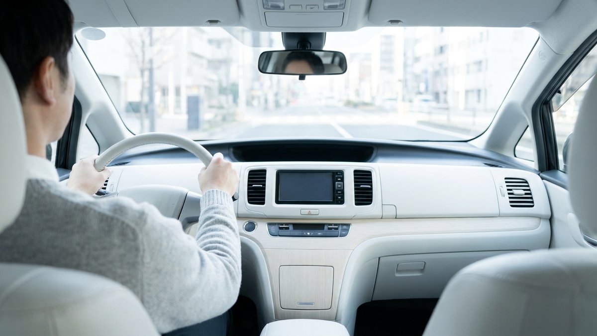 朝の通勤時間に車を運転する人の後ろ姿。車内でラジオを聴く場面