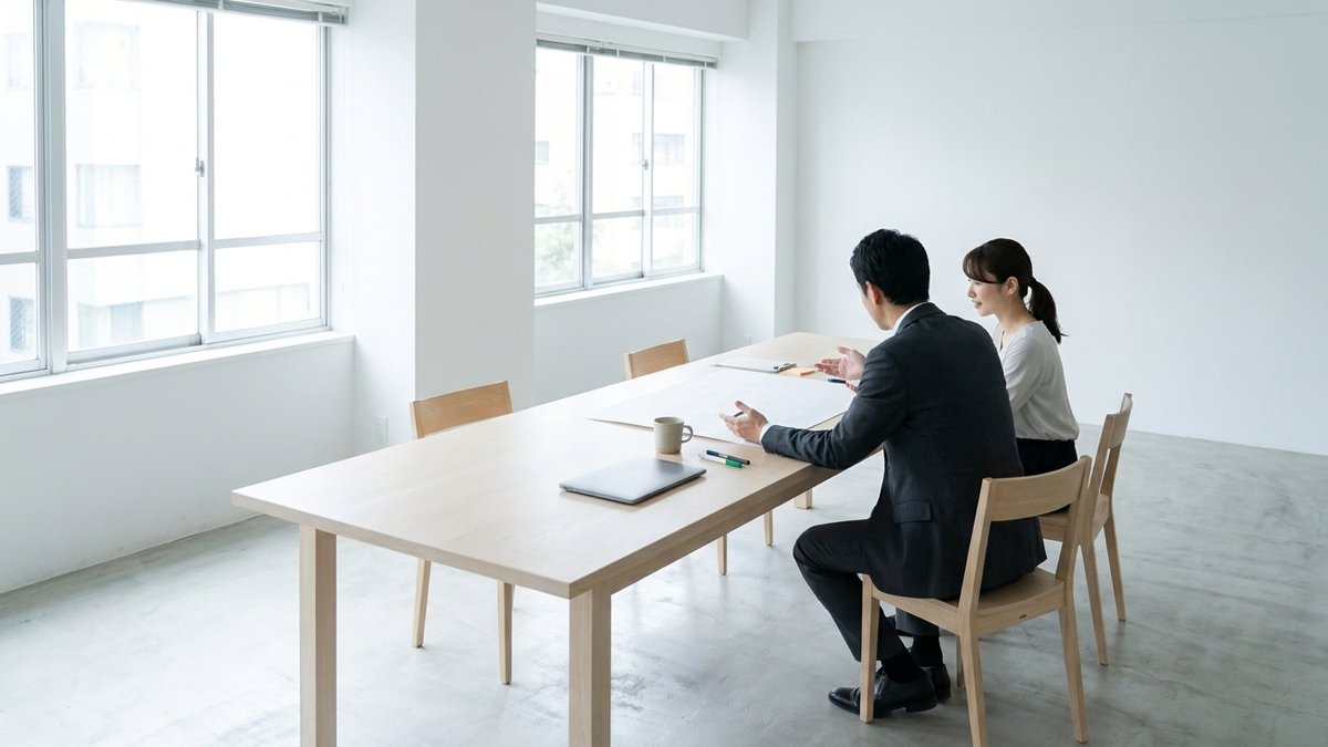 明るい会議室で、2人の担当者が机に資料を広げて打ち合わせをしている様子