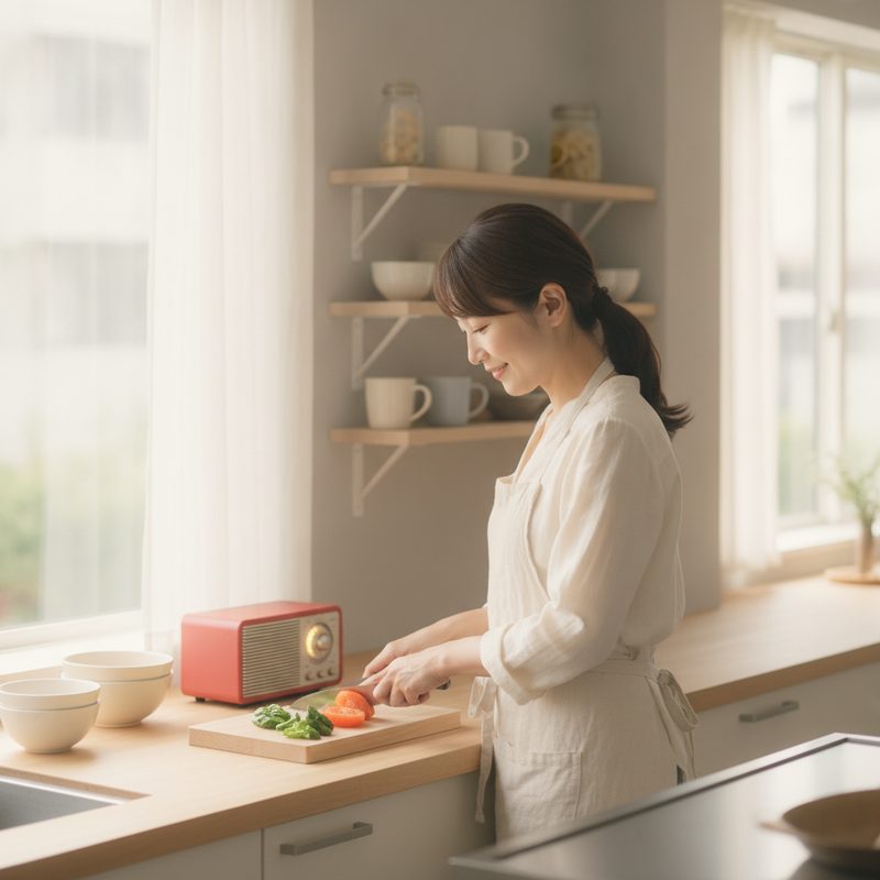 料理をしながらラジオを聴く女性