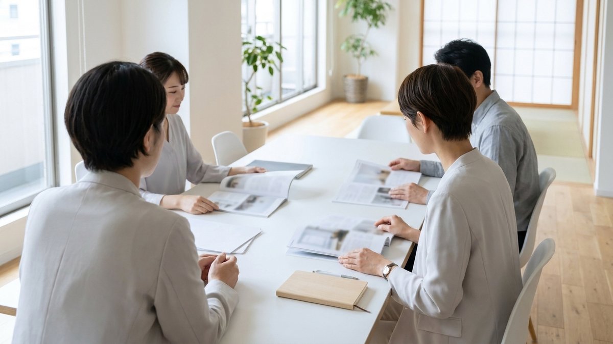 明るいオフィスで、担当者たちが会議テーブルに複数の雑誌を開いて並べ、誌面を見比べている様子