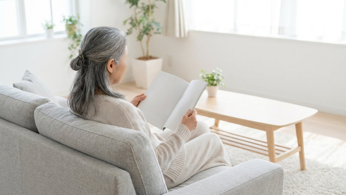 明るいリビングのソファで、グレーヘアの女性が雑誌を開いて読んでいる様子