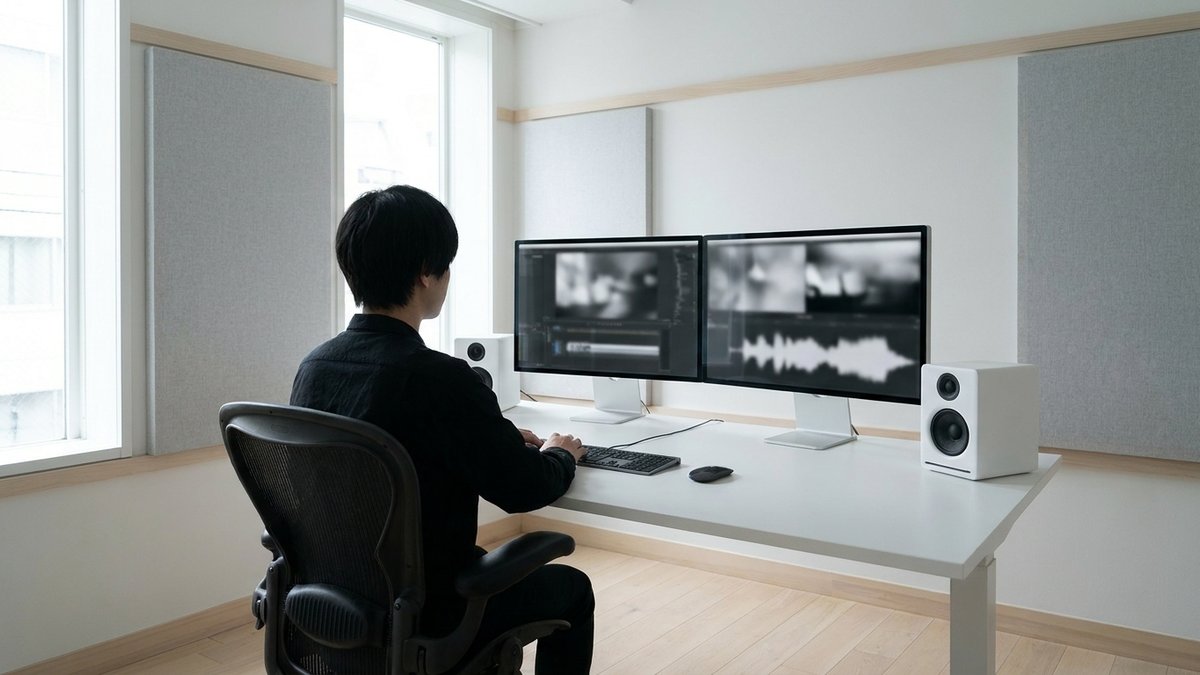 明るい編集室で、担当者が2台のモニターに向かって映像と音声の仕上げ作業をしている様子