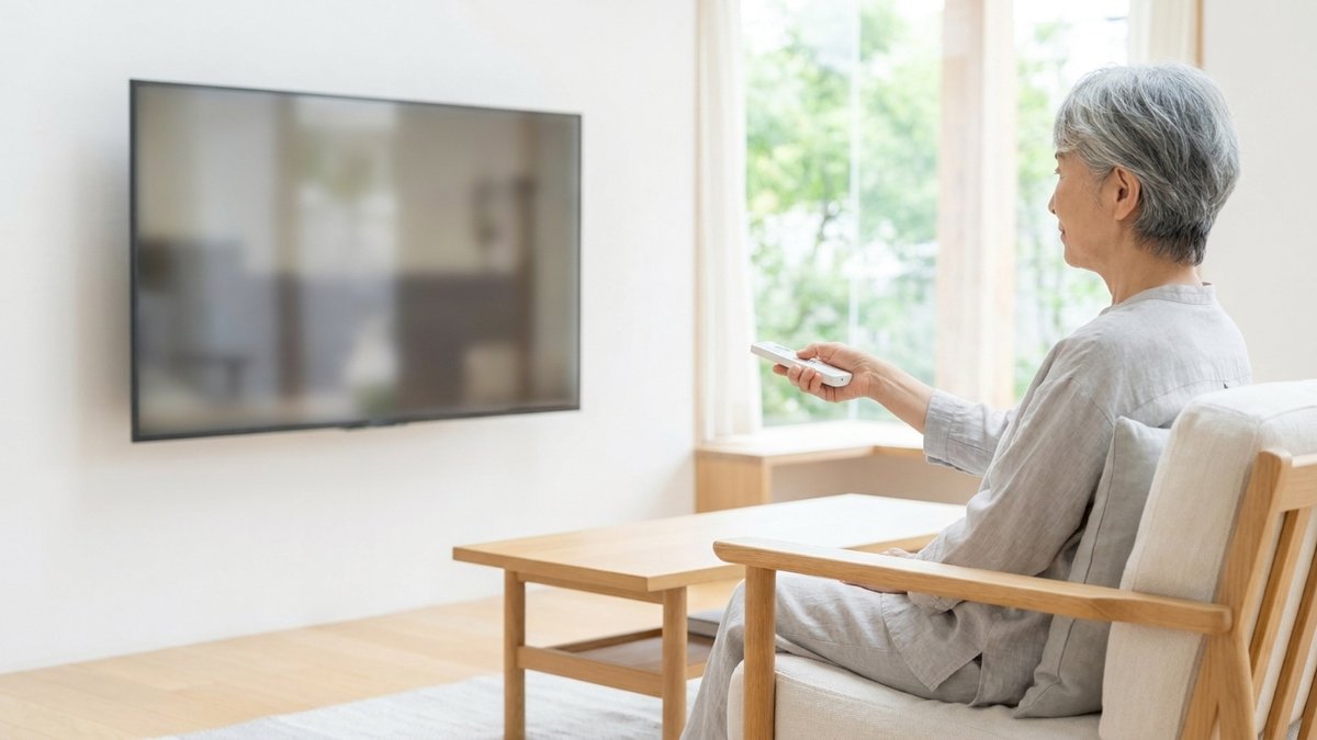 明るいリビングで、年配の女性がリモコンをテレビに向けている様子