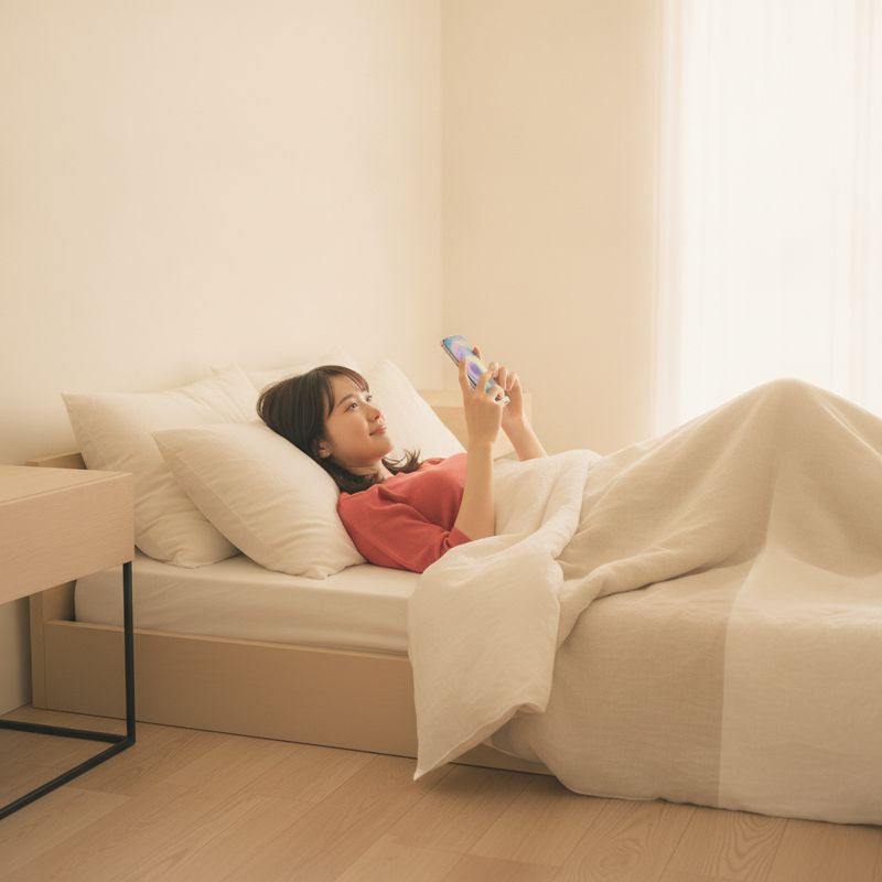 寝る前にスマートフォンで番組を見ている様子