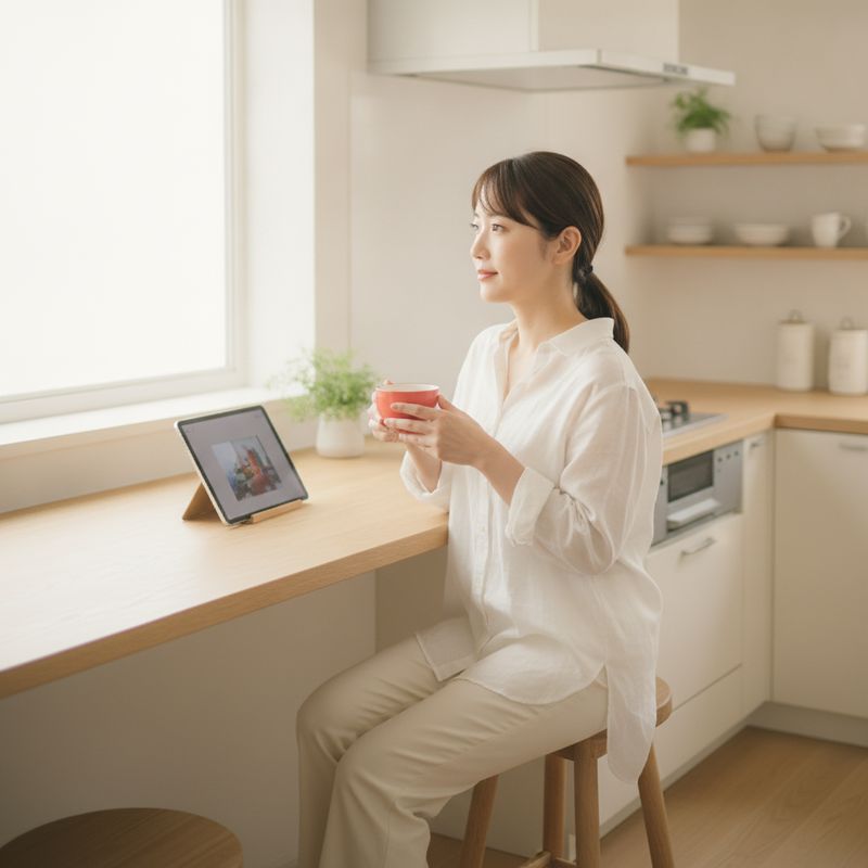 家事の合間にタブレットで番組を見ている様子