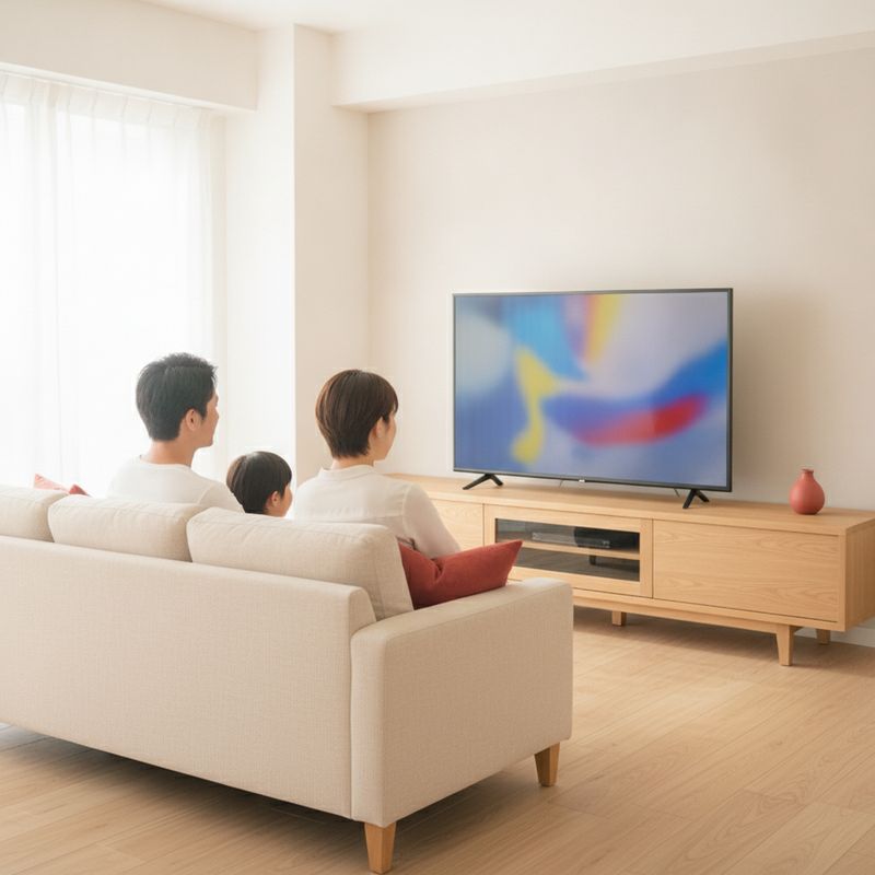 リビングのテレビで家族が番組を見ている様子