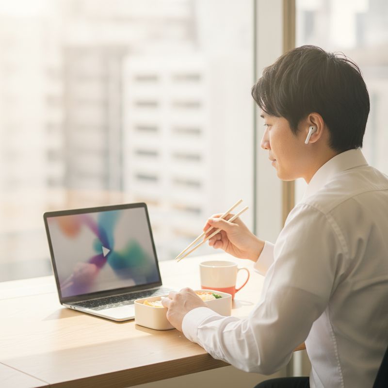 昼休みにパソコンで番組を見ている様子