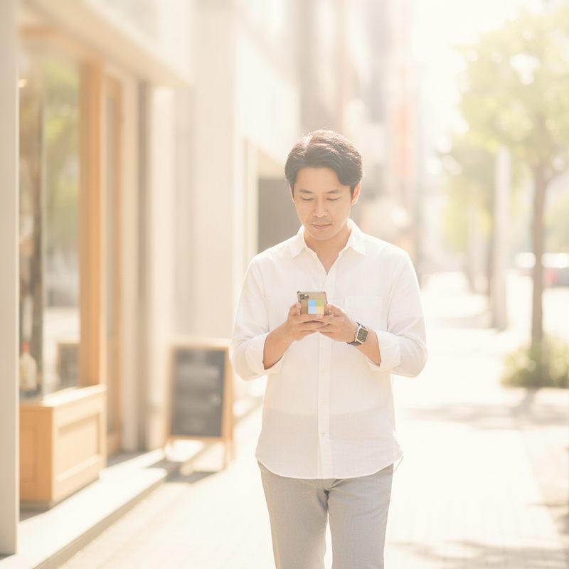 街を歩きながらスマートフォンを見る男性