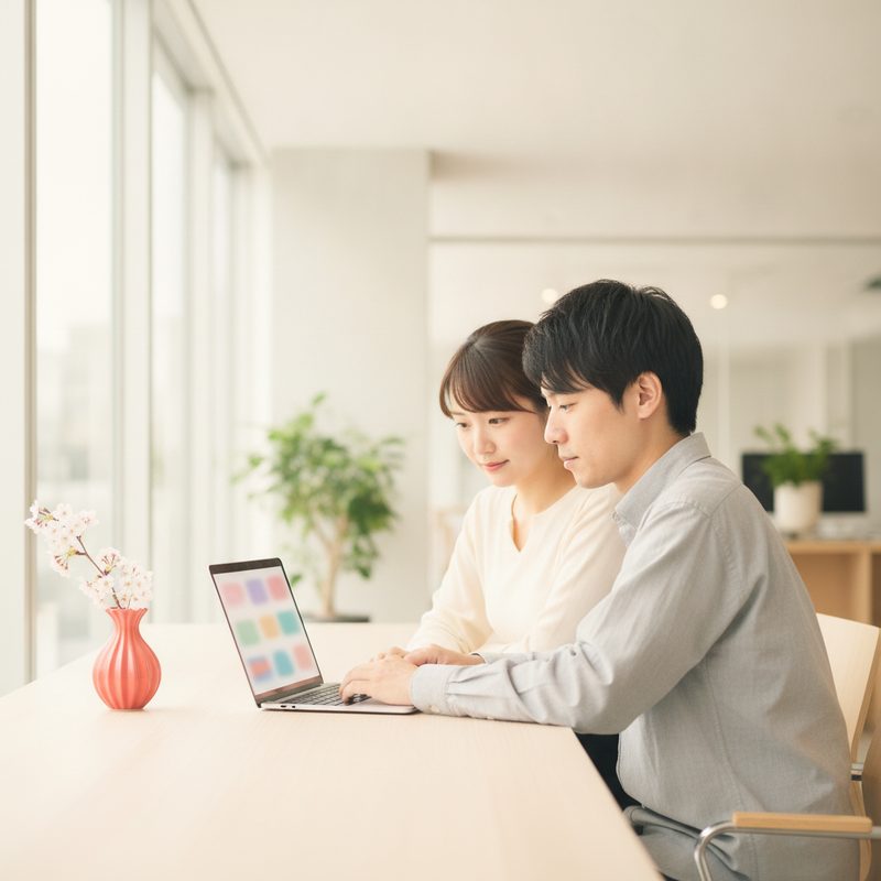 パソコンで広告の結果を確認する二人