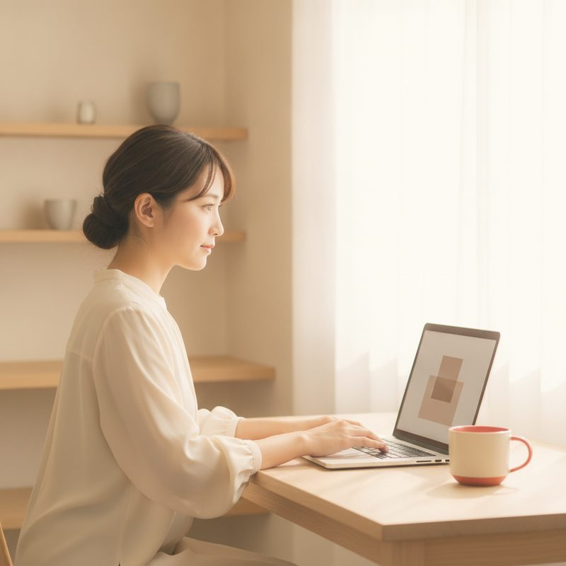 ノートパソコンで検索する女性