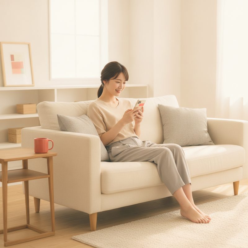 ソファでスマートフォンを見る女性